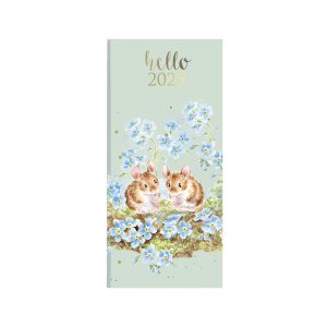 Forward facing studio image of Wrendale 2025 Slim Diary with Mouse design on pastel green with forget me not flowers.
