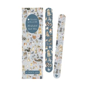 Forward facing studio image of Wrendale Dog's Life Nail file Set with two nail files and gift box decorated with dogs in grey.
