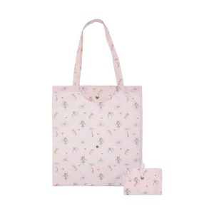 Forward facing studio image of Wrendale Foldable Shopping Bag - Oops a Daisy in Pink with two carry handles.