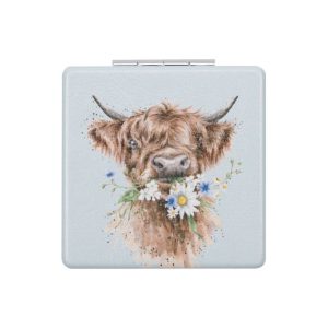 Forward facing studio image of Wrendale Daisy Cow Mirror in light blue with hinge.