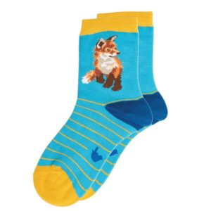 Forward facing studio image of Wrendale Children's Fox Socks in bright blue with yellow toes and ankle and navy blue heel.