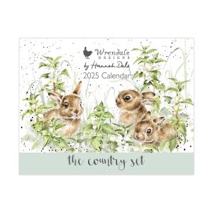 Forward facing studio image of Wrendale The Country Set Landscape Calendar 2025. Front cover with three bunnies amongst nettles.