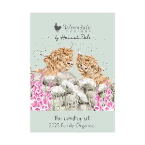 Forward facing lifestyle image of Wrendale The Country Set Family Calendar. Front cover has two highland cows behind a stone wall with foxgloves.