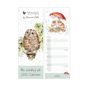 Forward facing studio image of Wrendale The Country Set Slim Calendar 2025 showing the front cover of an Owl perched in a branch and then an illustrated page of two mice and a toadstool on October's page.