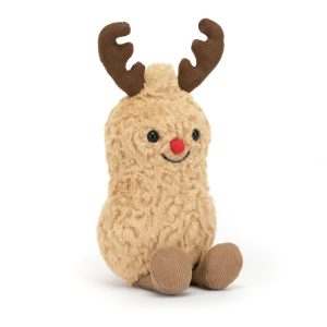 Front facing studio shot of Jellycat Amuseable Peanut Reindeer, beige fur with brown antlers, a cute smile and a red button nose.