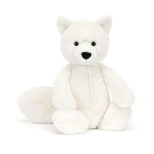 Front facing studio shot of Jellycat Bashful Artic Fox, cream fur with a big bushy tail, black eyes and nose.