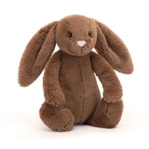 Front facing studio shot of Jellycat Bashful Nutmeg Bunny, hazel brown soft fur with a cute pink suedette nose.