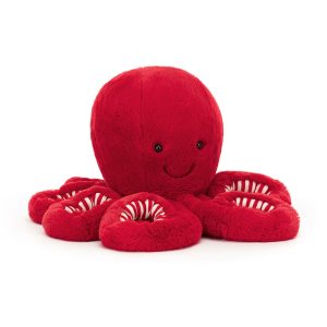 Front facing studio shot of Jellycat Cranberry Octopus, with red and white candy coloured springy arms, soft to touch.