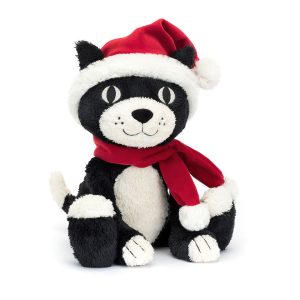 Front facing studio shot of Jellycat Christmas Jellycat Jack, with a red and white scarf and pom pom hat.