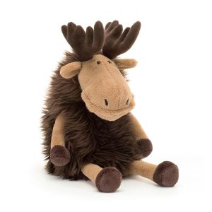 Front facing studio shot of Jellycat Merrick Moose, chocolate brown fur with a beige face and brown antlers.