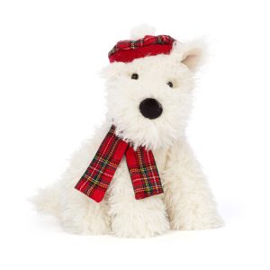 Front facing studio image of a Jellycat Winter Warmer Munro Scottie Dog, white soft fur with a tartan coloured scarf and hat.