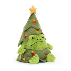 Front facing studio shot of Jellycat Christmas Tree Ricky Rain Frog, green frog with a felt green christmas tree costume, decorated with baubles.