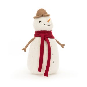 Front facing studio image of Jellycat Jesse Snowman, white snowman with a red scarf, carrot nose and felt hat.