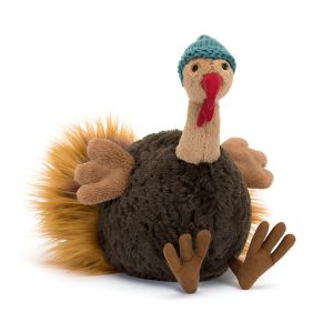 Front facing studio shot of Jellycat Theo Turkey, comical fluffy Turkey with a knitted hat, brown wings and cute little feet.