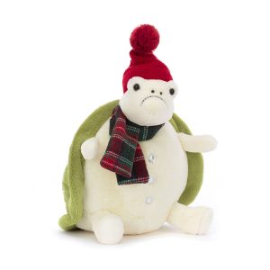 Front facing studio shot of Jellycat Snowman Timmy Turtle, white and green with a red bobble hat and tartan scarf.