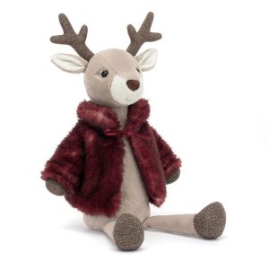 Front facing studio shot of Jellycat Vivien Reindeer, soft brown fur with cute brown antlers and a plum coloured removable fur coat.