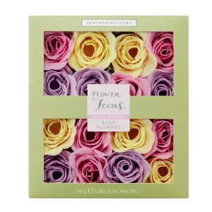 Front facing studio shot of Flower of Focus Soap Flowers, gift boxed.